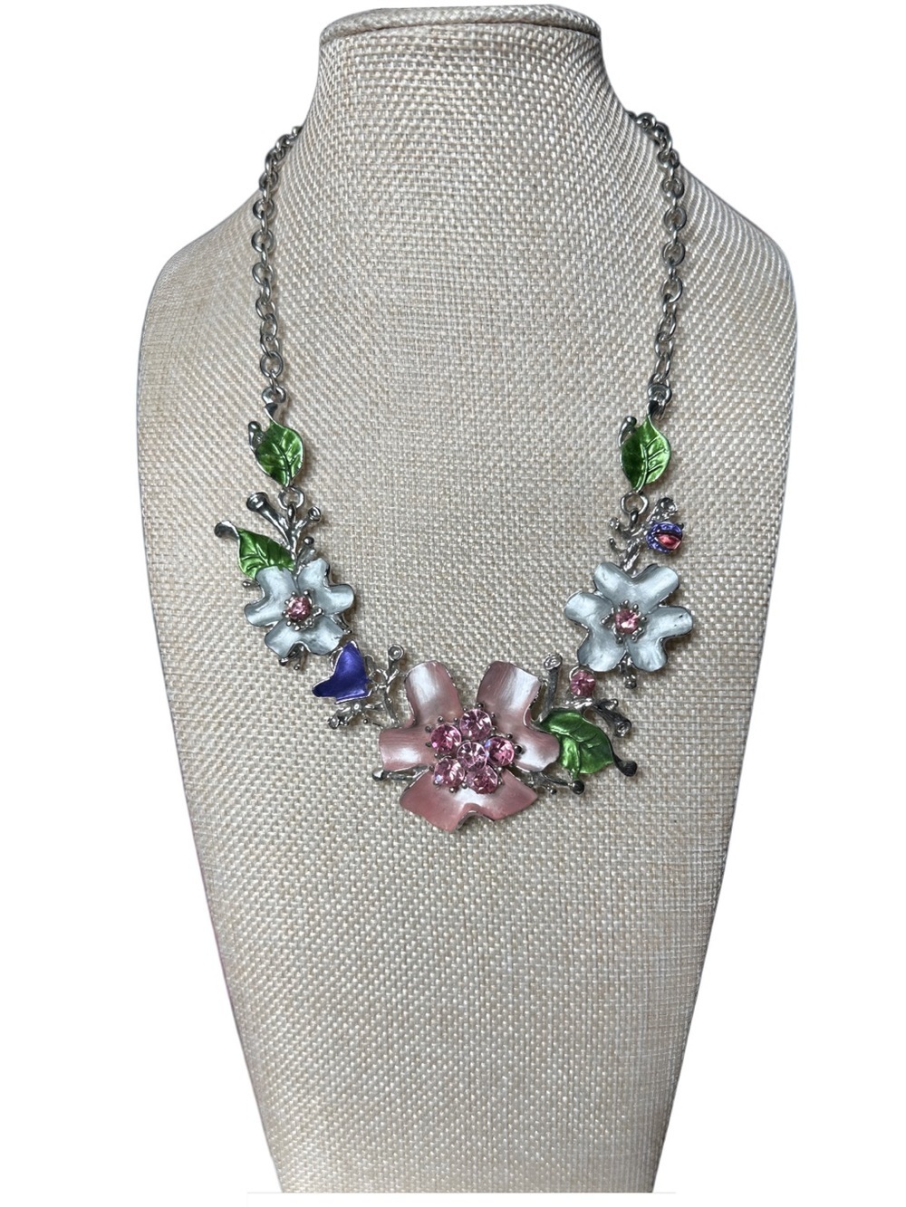 Floral Enamel Statement Necklace in Pink, White & Green